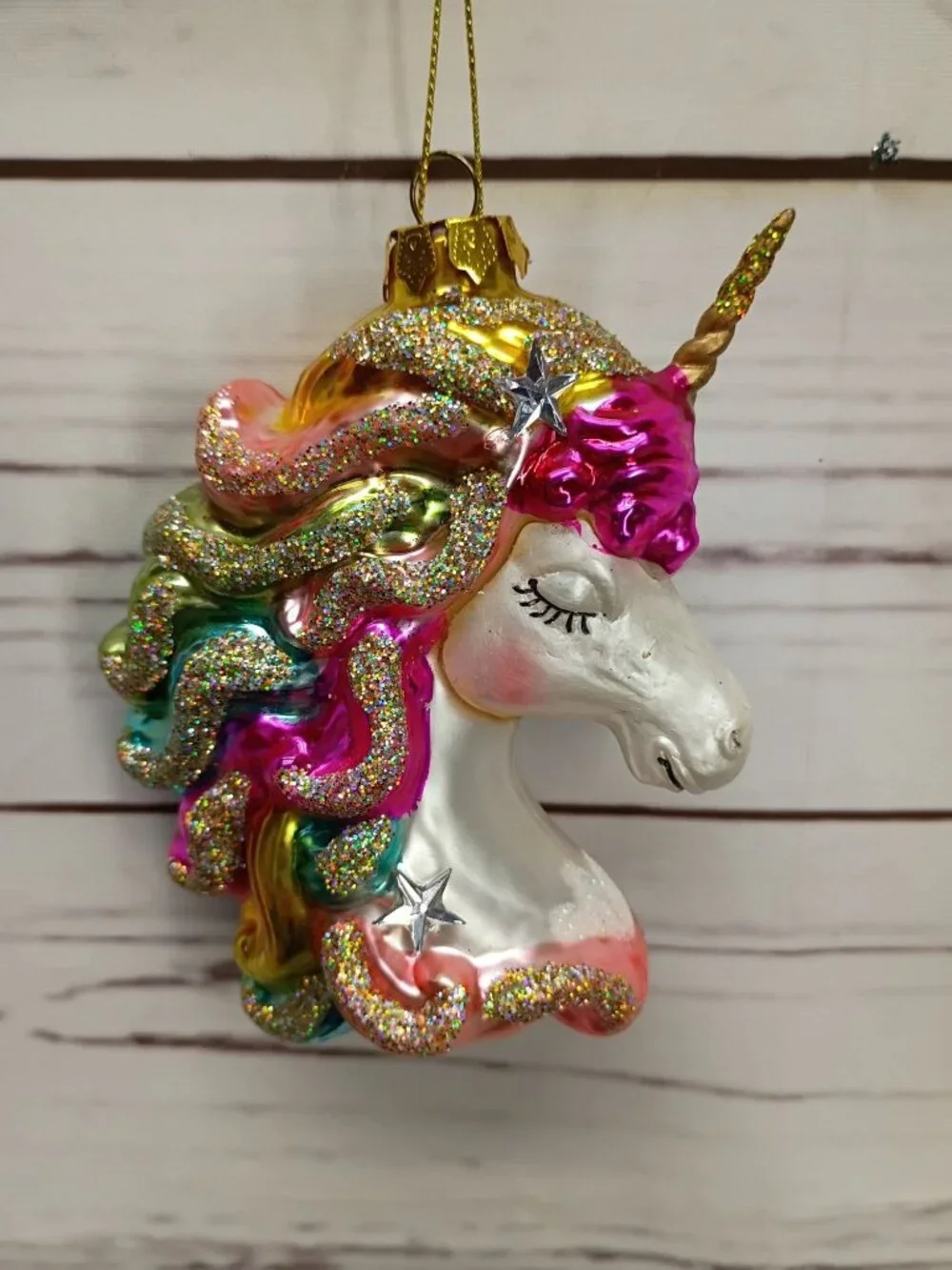 Rainbow Glass Unicorn Christmas Ornament With Glitter Accents Mythical Fantasy H